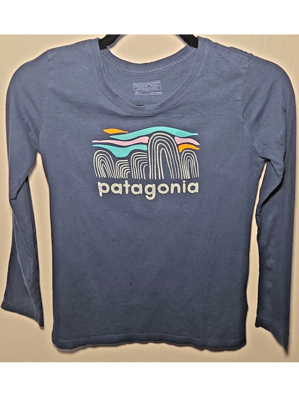Patagonia Kids M 10 Long Sleeve Graphic T Shirt Blue Organic Cotton Logo Tee